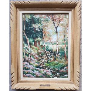 Large 20th Gouache - Signed - Stream In Forest