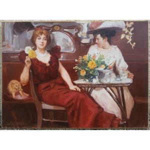 Leon Zeytline - Large Oil On Canvas - Women In Paris