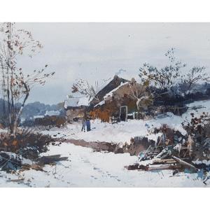 Galien Laloue - Gouache - Village Under The Snow
