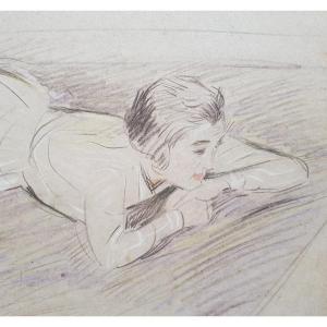 Paul-césar Helleu - Drawing 28 X 50 Cm - Young Girl