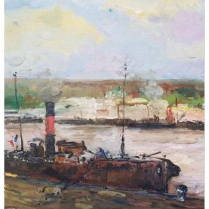 Lebourg - Impressionism - Oil On Panel - Boats In Rouen