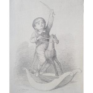Lobrichon - Large 19th Drawing - The Rocking Horse