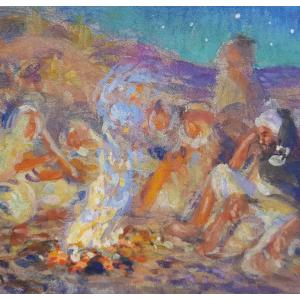 Etienne Dinet - Orientalist Gouache - Campfire
