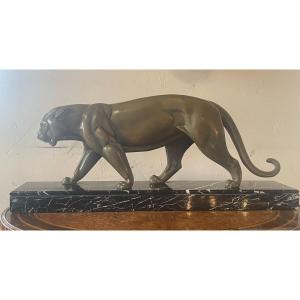 Rochard Irénée (1906-1984) - Panther In Spelter With Medal Patina, Black Marble Base