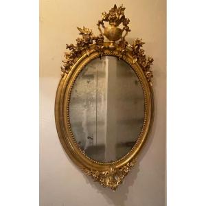 Large Napoleon III Period Oval Mirror Gilded With Gold Leaf