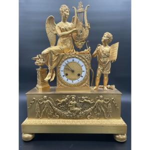 Large Clock In Chiselled And Gilded Bronze "love Of Music" Circa 1820