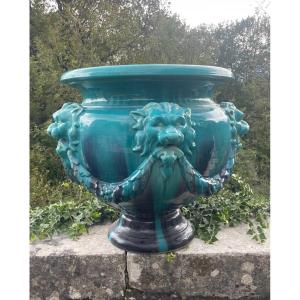 Jérôme Massier In Vallauris Large Vasque Turquoise Blue Enamelled Planter