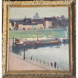 Charles Dehoy (1872-1940) Quai De Senne In Brussels Oil On Canvas