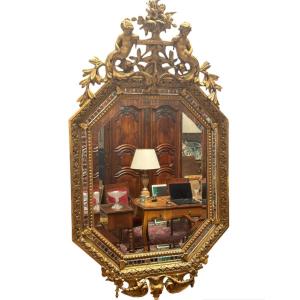 Octagonal Mirror In Gilded Stucco From The Napoleon III Period, 19th Century