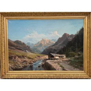 Large Painting By Alfred Godchaux (1835-1895) Mountain Landscape In The Pyrenees 