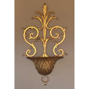 Wall-mounted Flower Holder/wall Shield In Gilded Iron – Italy, First Half Of The 20th Century