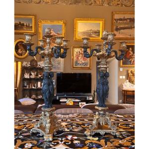 Pair Of Large Candelabra With The Three Graces, Gilt Bronze And Patinated Alloy – Napoleonic Period 