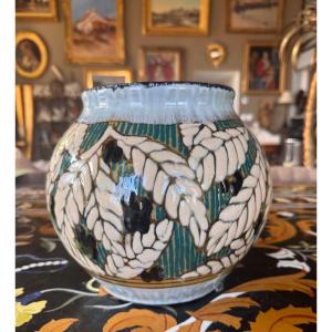 Léon Brunard (1872–1933) Large Spherical Vase In Glazed Ceramic – Stylized Floral Decoration – 