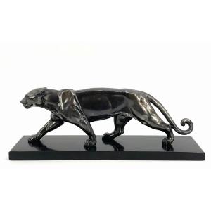 Walking Panther – After Alexandre Ouline (1895-1944) Bronze Sculpture With Silver Patina 