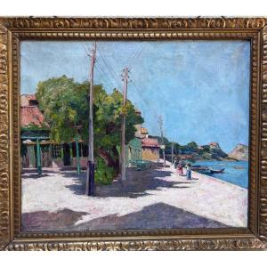 Léon Brunard (1872-1931) Lively Port Scene – Oil On Canvas  