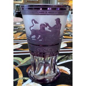 Small Bohemian Crystal Vase With Acid-etched Decoration - Late 19th Century .
