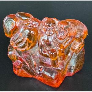Carved Amber Subject - Chinese Character And Monkey, Asian Work, 19th Century.