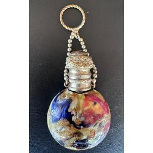 Perfume Bottle In Murano Glass With Murrine Decoration And Metallic Inclusions.