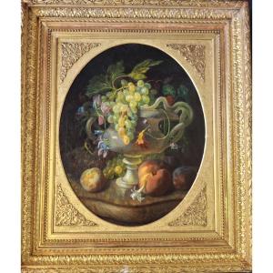 Louis-antoine Estachon (1819-1857) Still Life With Grapes And Fruit On Marble Entablature