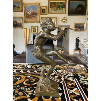 Clodion (1738-1814) After. Faun Playing Double Flutes In Bronze