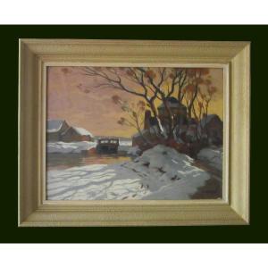Table Oil On Canvas Snowy Landscape "sunset" Sign P. Eschbach