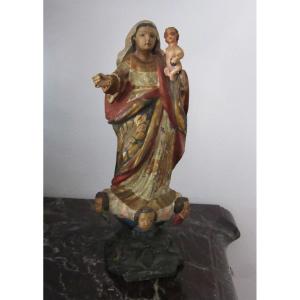 Statue "madonna And Child" In Polychrome Carved Wood Ep.18th