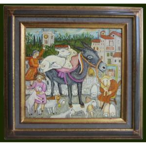 Oil Painting On Panel "the Sheep Carriers" Sig Emile Crociani
