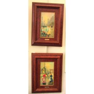 Pair Of Paintings "flower Market Scenes In Barcelona"