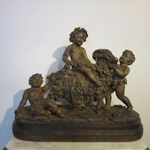 Terracotta Group "putti Playing With A Goat" 