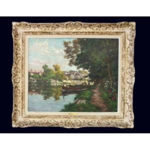 Oil Painting On Canvas "landscape On The Banks Of The Loing" Signed By Er Marché