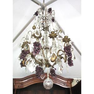 Large Chandelier Decorated With Crystal Drops And Bunches Of Grapes, 19th Century