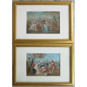 Pair Of Gouache Paintings "gallant Scenes" Late 19th Century