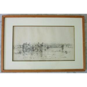 Drawing "fishing Scene" Signed Ricard Cordingley