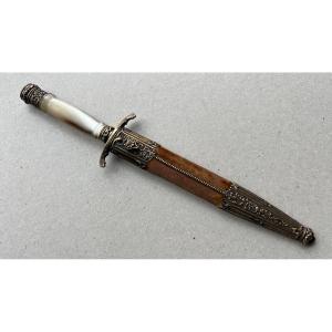 Large French Stiletto Dagger In Gilded Silver With Mother-of-pearl Grip