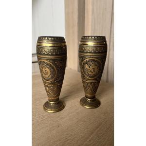 Pair Of Toledo Damascened Iron Vases