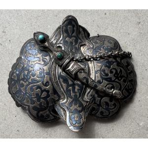 Caucasian Belt Buckle In Niello Silver