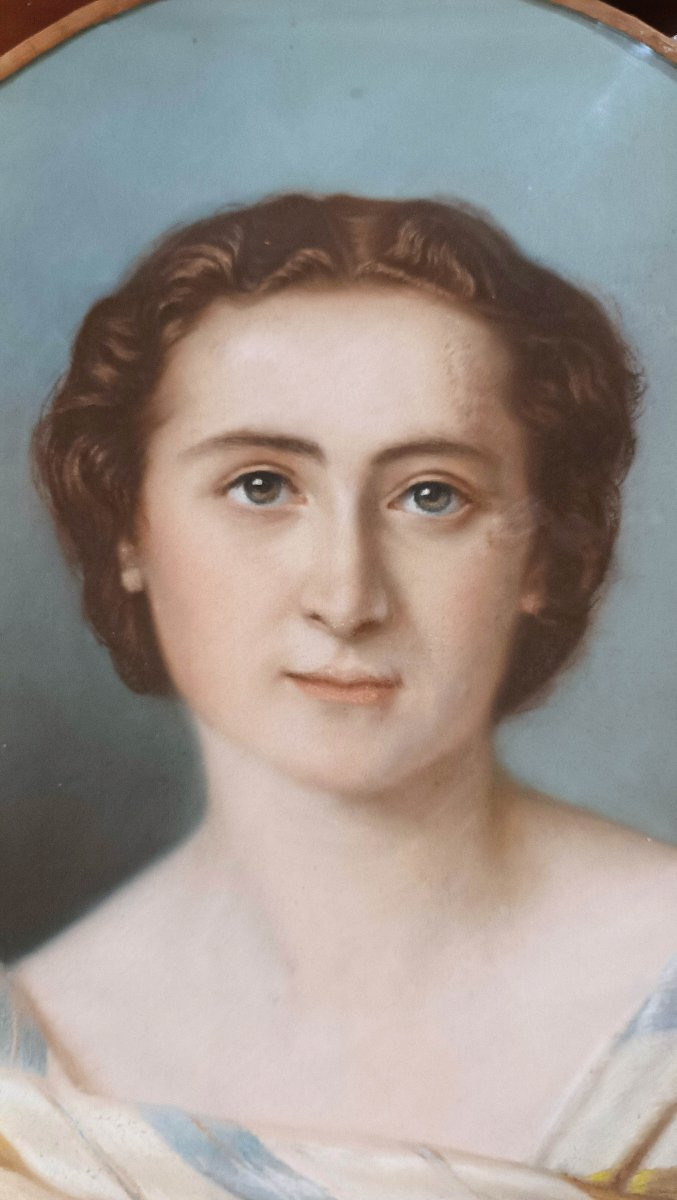 DIPINTO PASTELLO OVALE CON GIOVANE DONNA META’ XIX SECOLO -photo-1