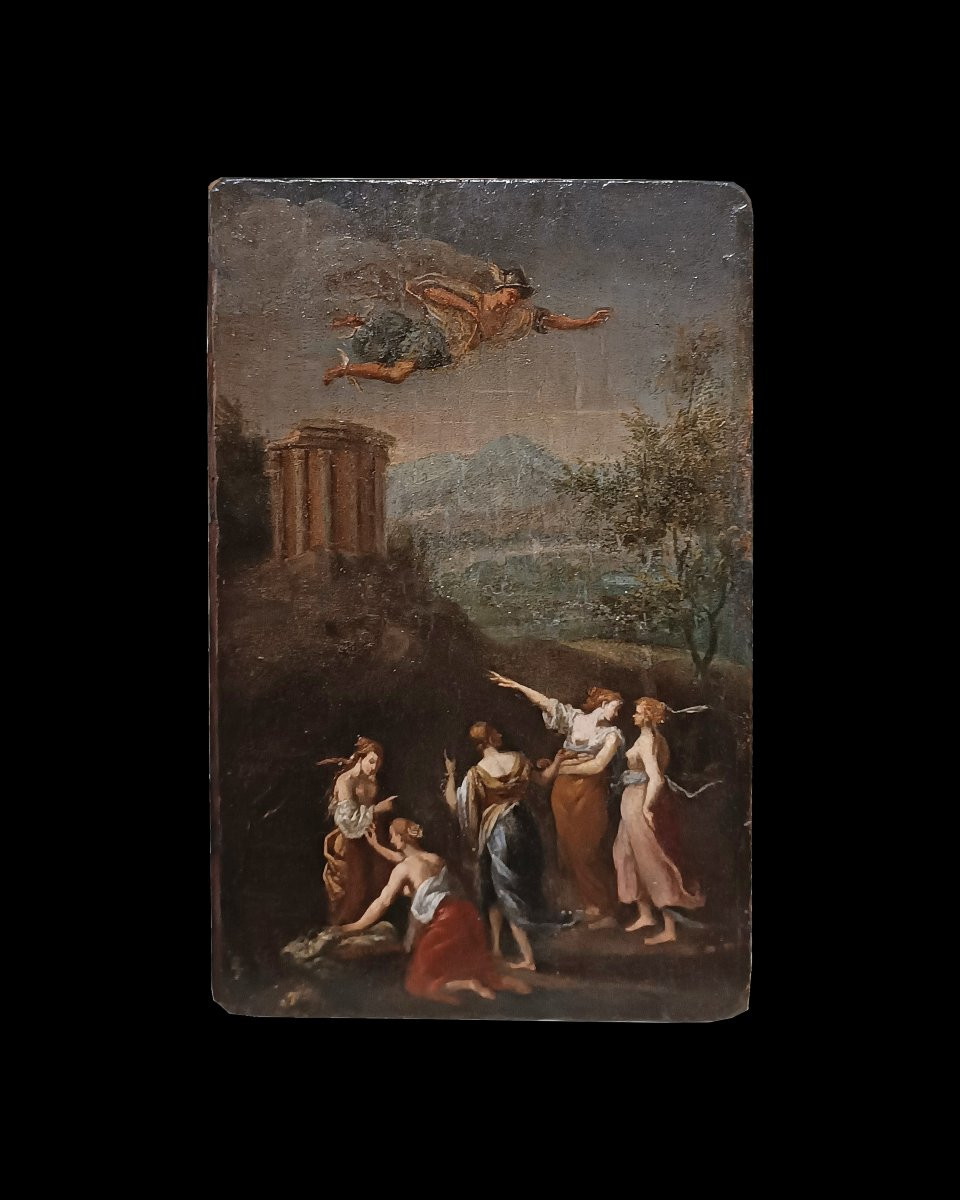 PITTURA A OLIO SU TAVOLETTA LIGNEA MERCURIO E LE FIGLIE DI CECROPE FINE XVIII SECOLO-photo-2