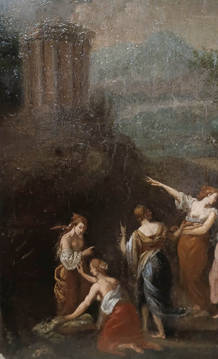 PITTURA A OLIO SU TAVOLETTA LIGNEA MERCURIO E LE FIGLIE DI CECROPE FINE XVIII SECOLO-photo-4