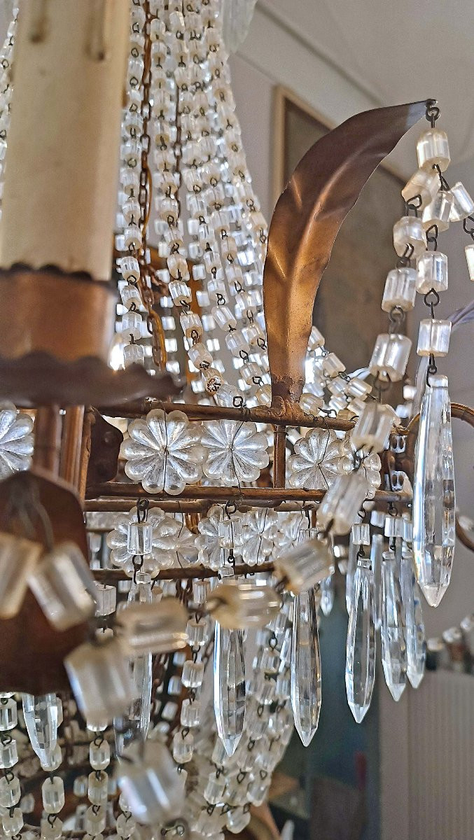 LAMPADARIO A PANIERE IN CRISTALLI E FERRO DORATO PRIMI DEL XIX SECOLO-photo-4