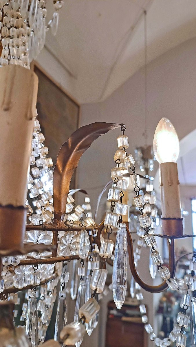 LAMPADARIO A PANIERE IN CRISTALLI E FERRO DORATO PRIMI DEL XIX SECOLO-photo-1