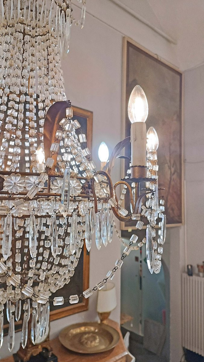 LAMPADARIO A PANIERE IN CRISTALLI E FERRO DORATO PRIMI DEL XIX SECOLO-photo-2