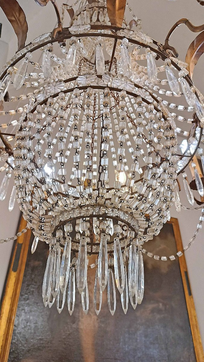 LAMPADARIO A PANIERE IN CRISTALLI E FERRO DORATO PRIMI DEL XIX SECOLO-photo-3