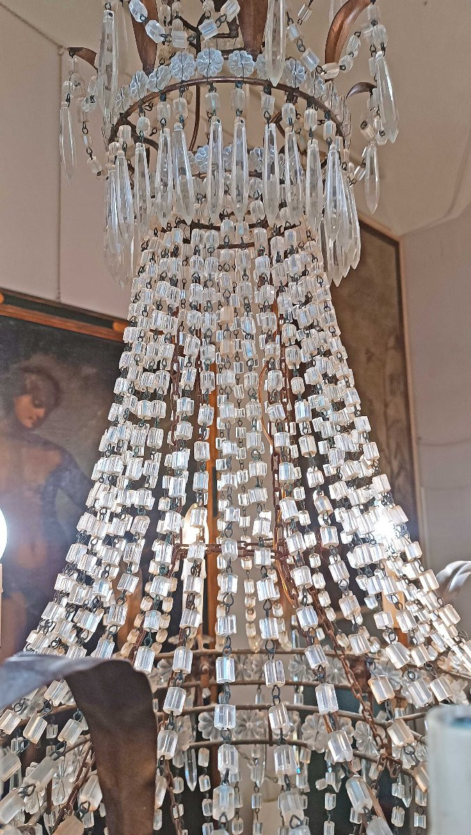 LAMPADARIO A PANIERE IN CRISTALLI E FERRO DORATO PRIMI DEL XIX SECOLO-photo-4