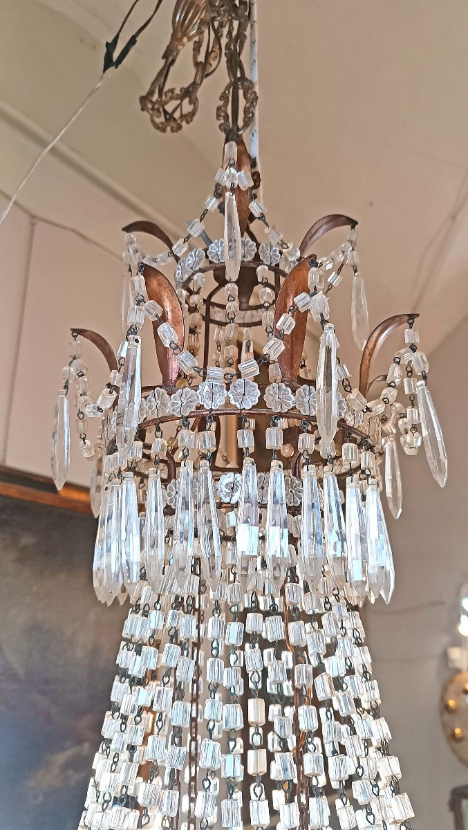 LAMPADARIO A PANIERE IN CRISTALLI E FERRO DORATO PRIMI DEL XIX SECOLO-photo-5