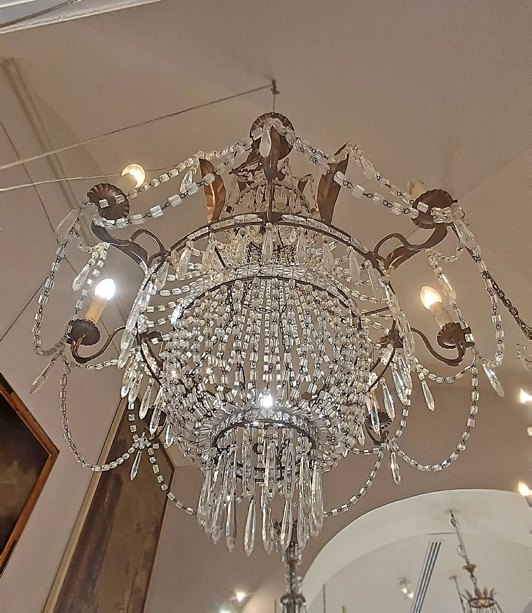 LAMPADARIO A PANIERE IN CRISTALLI E FERRO DORATO PRIMI DEL XIX SECOLO-photo-6