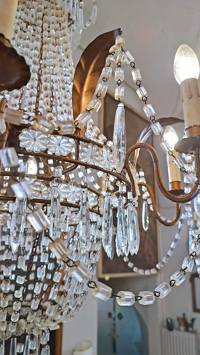 LAMPADARIO A PANIERE IN CRISTALLI E FERRO DORATO PRIMI DEL XIX SECOLO-photo-7