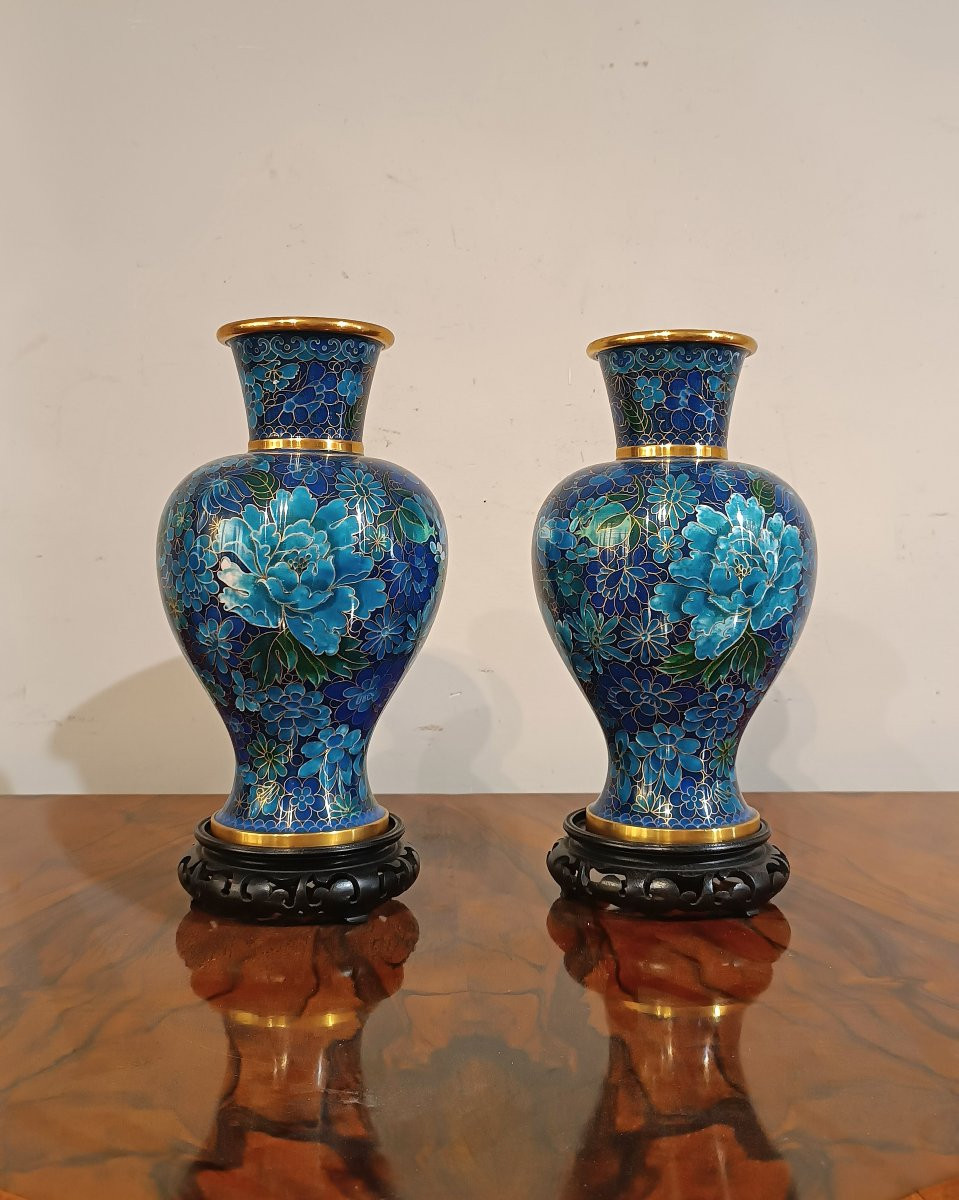 COPPIA DI VASI CLOISONNÉ CINESI FINE XIX-INIZI XX SECOLO-photo-2