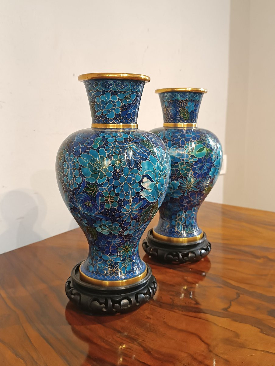 COPPIA DI VASI CLOISONNÉ CINESI FINE XIX-INIZI XX SECOLO-photo-3