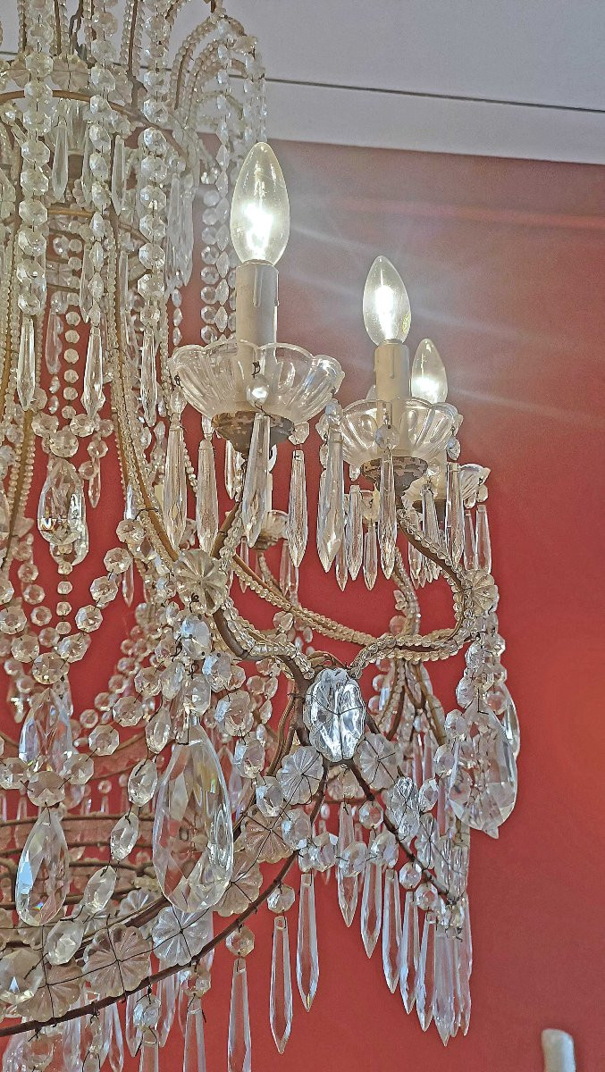 LAMPADARIO A PANIERE CRISTALLI E VETRO INIZI XX SECOLO-photo-2
